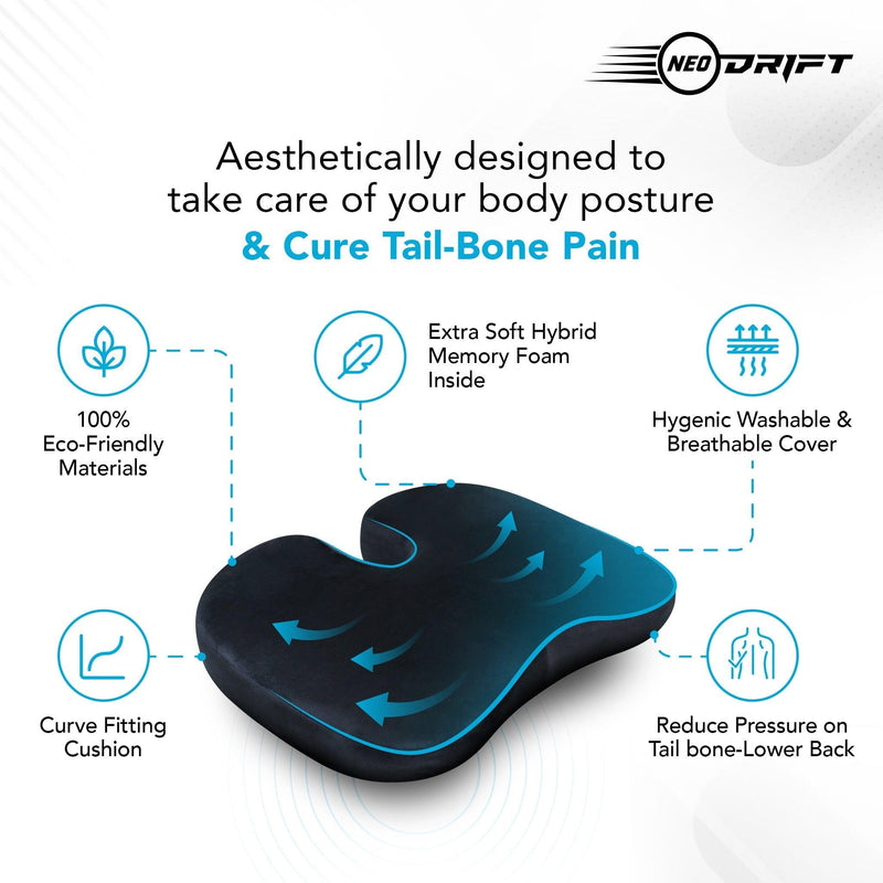 Neodrift® 'OrthoRest' - Memory Foam Seat Cushion for Coccyx & Back Support-