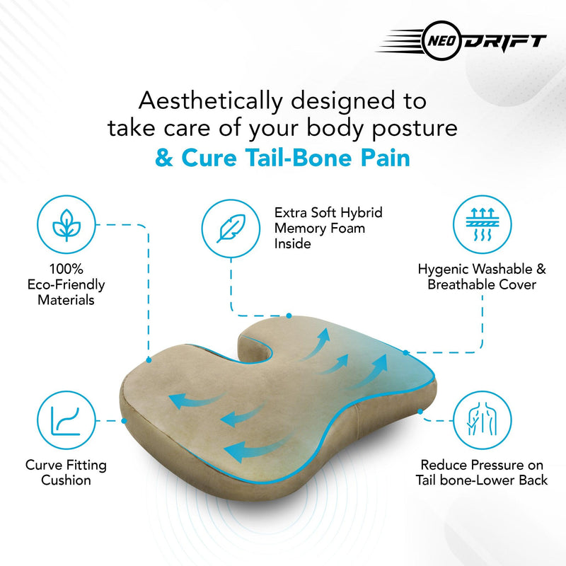 Neodrift® 'OrthoRest' - Memory Foam Seat Cushion for Coccyx & Back Support-